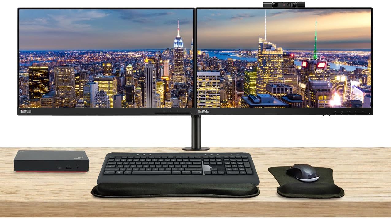 Lenovo ThinkVision T22v 22-inch, 2-Pack Bundle with T22i, HDMI, DisplayPort, Webcam, Speaker, Microphone, Dual Monitor Stand, USB-C Dock, MK540 Wireless Keyboard and Mouse, and Wrist Pad