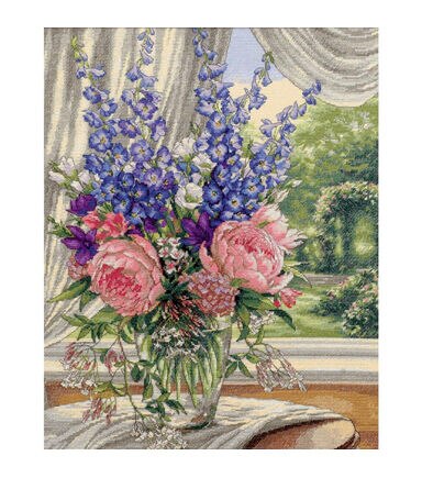 Dimensions 16 x 19 Peonies & Delphiniums Counted Cross Stitch Kit
