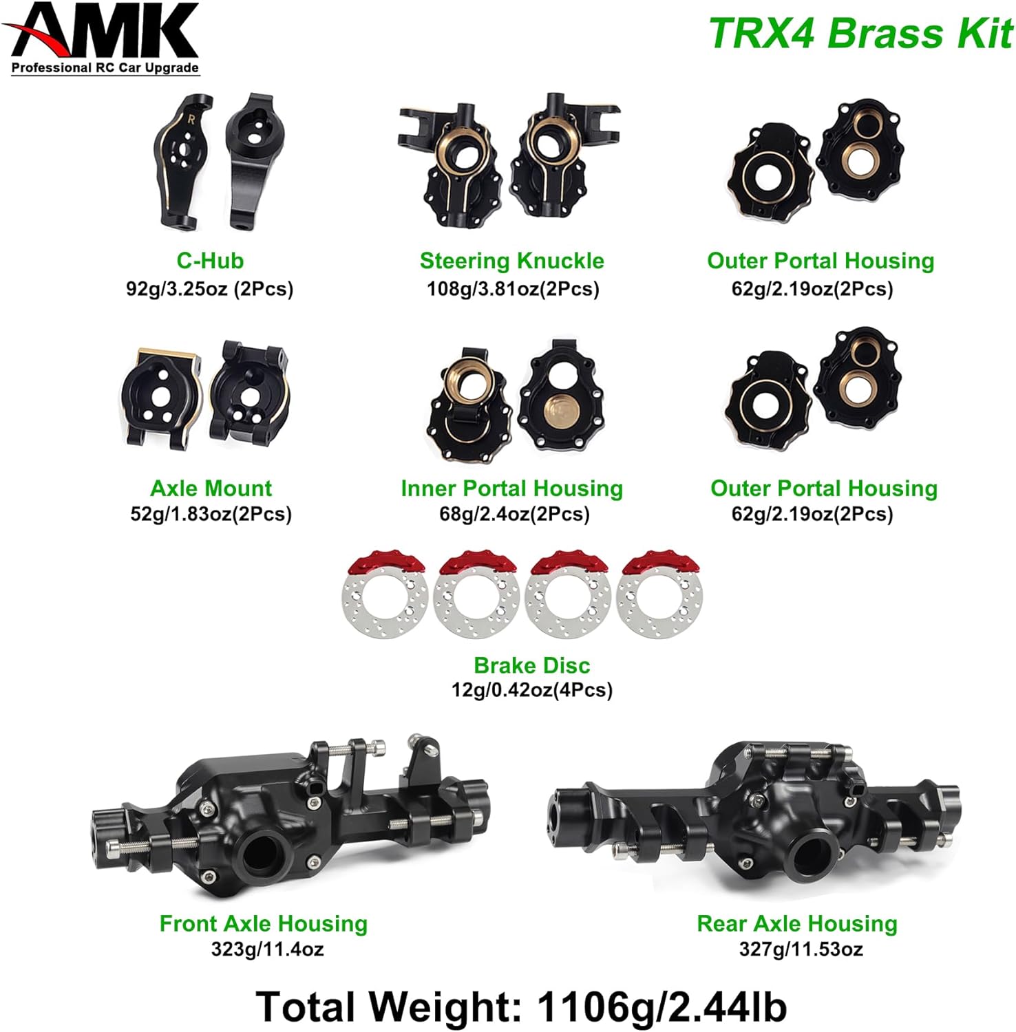 AMK TRX4 Brass Portal Axle Housing Front Rear Set 1106g Black Coating with Diff Covers C-Hub Counter Weights for 1/10 RC Crawler TRX6 TRX4 Upgrades (Front+Rear)