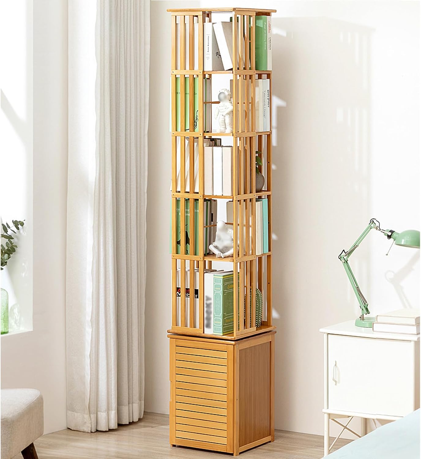 ISOFORMA 360° Rotating Bookshelf, Bamboo Revolving Bookcase with Storage Cabinet, Freestanding Storage Display Rack, for Living Room Home and Office
