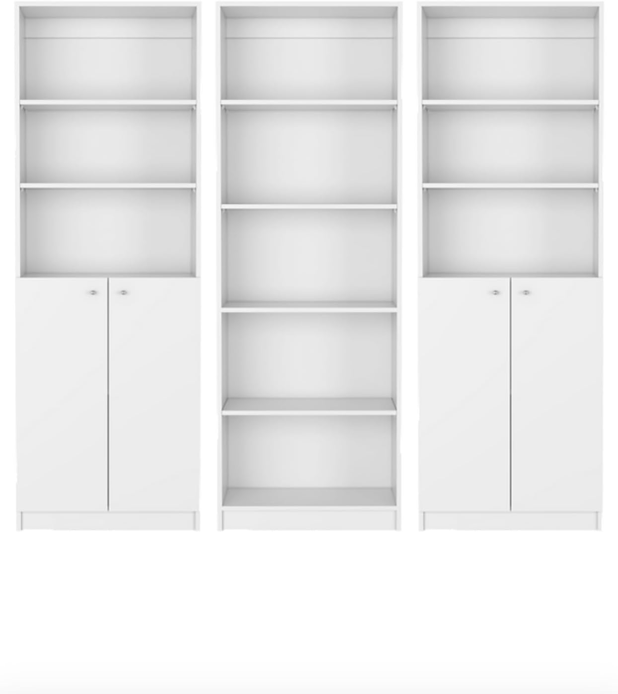 Modern Bookcase Set, 3-Piece White Storage Cabinet with Doors and Open Shelves, Living Room Furniture