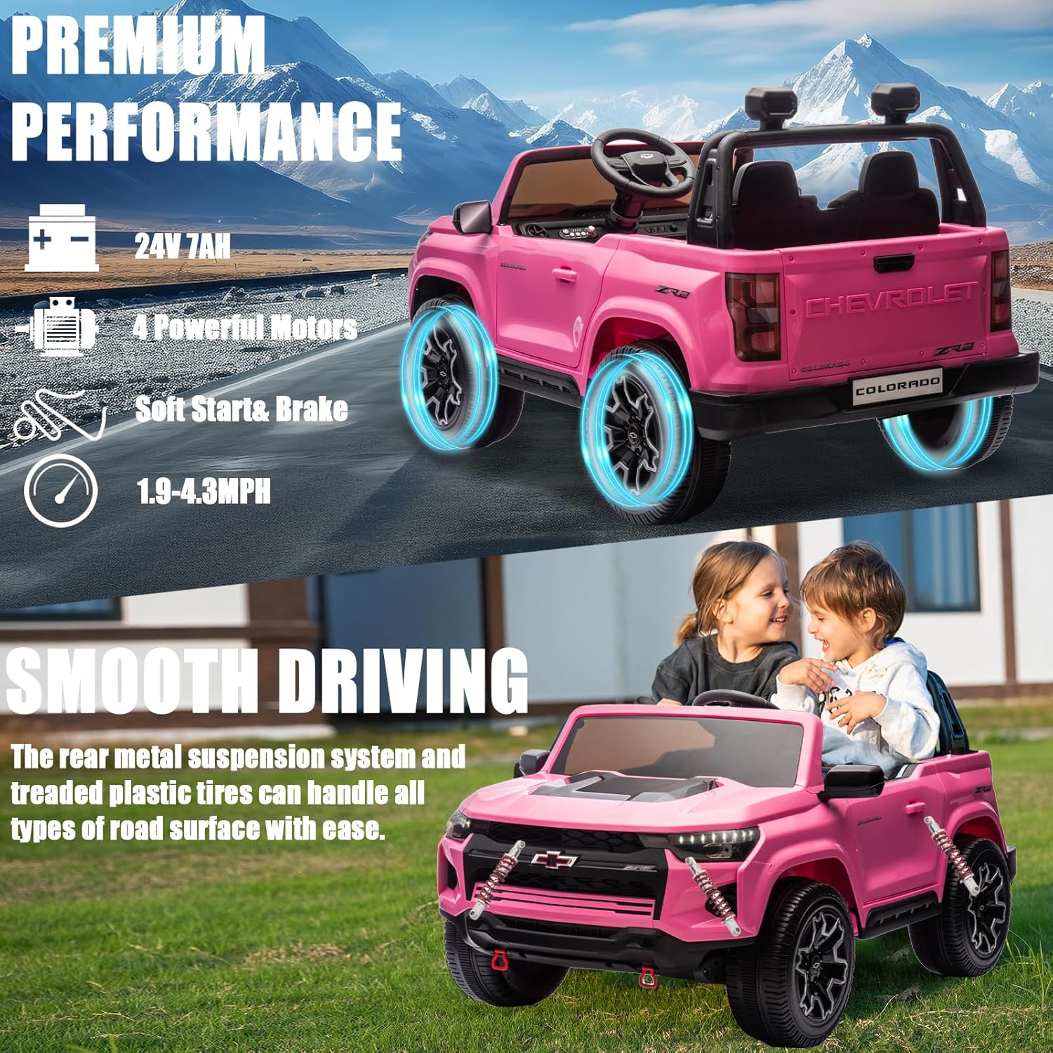 POSTACK 24 Volt Ride on Toy with Parental Remote, 4WD Battery Powered Electric Power 4 Wheels for Toddlers, Kids Ride on UTV Truck Kids Cars to Drive with Bluetooth LED Lights, Pink