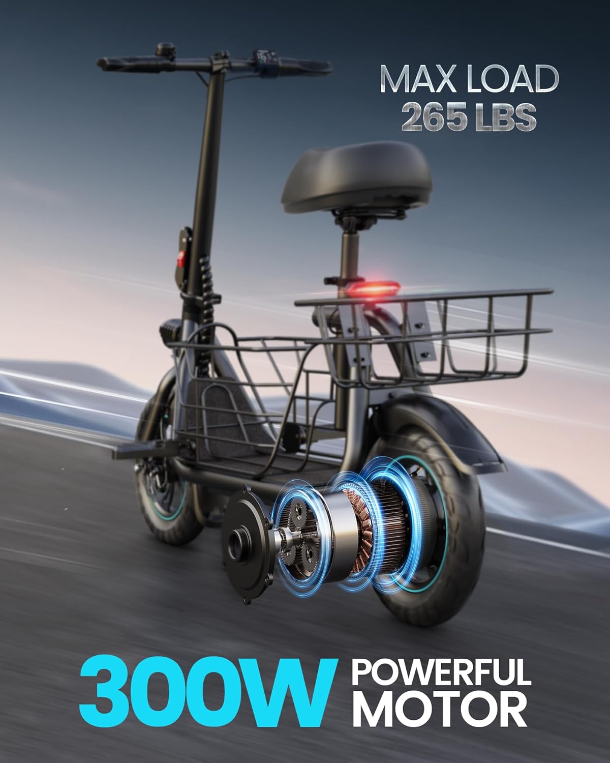 Gyroor Adults Electric Scooter with Large Middle Basket, 300W Motor 15.5 MPH 20 Mile Distance, Foldable E-Scooter with seat for Pets & Cargo