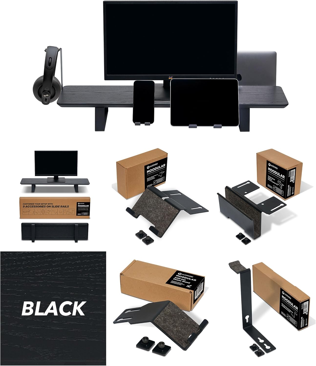 Moodular Wooden Monitor Stand Black with Add-on Accessories Vertical Laptop Tray, Phone Stand, Tablet Stand, Headphone Stand