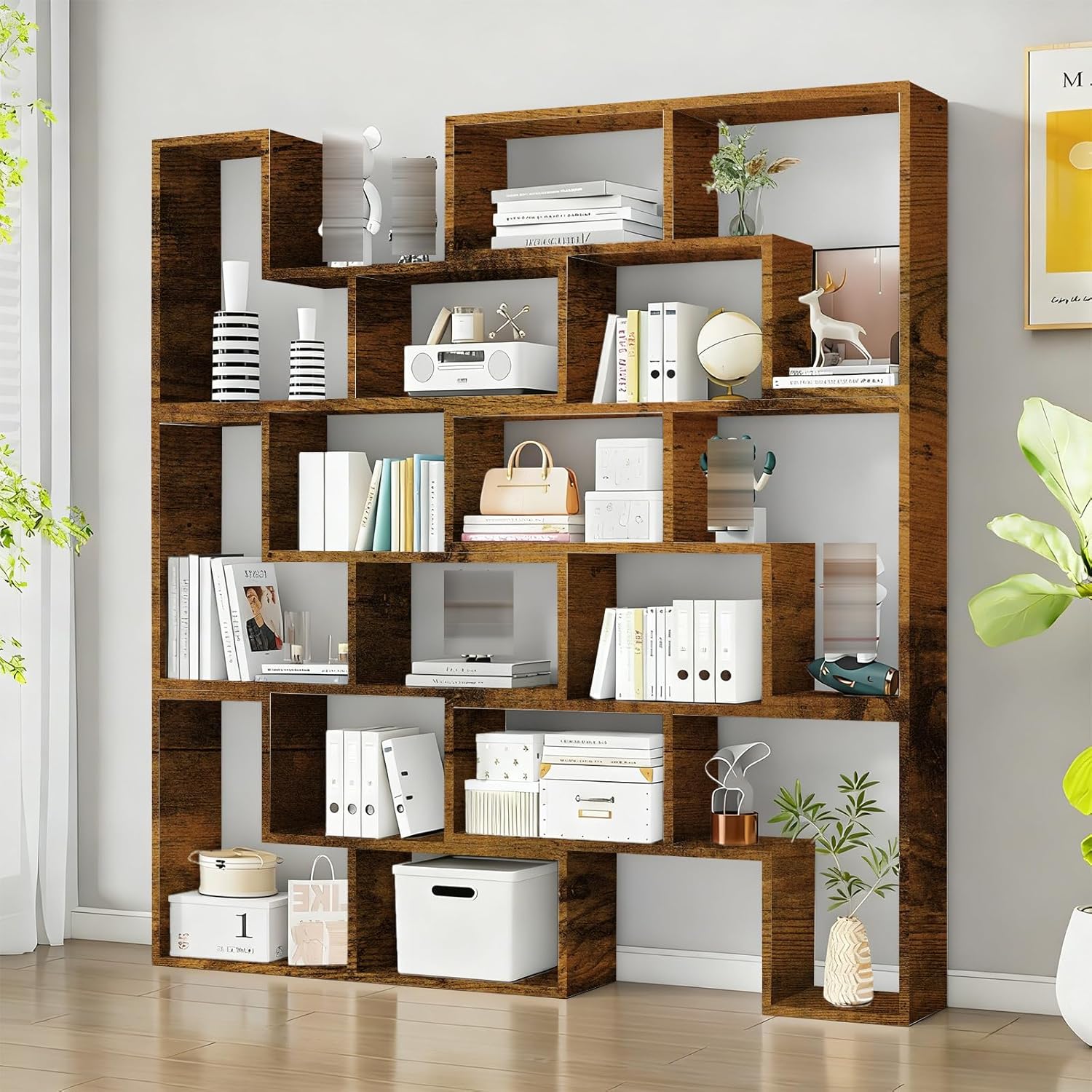 OOIKVCC Expandable Bookcase with Adjustable Width,Wooden Room Divider Bookshelf,Standing Display Storage Organizer for Living Room,Study Room or Home Office