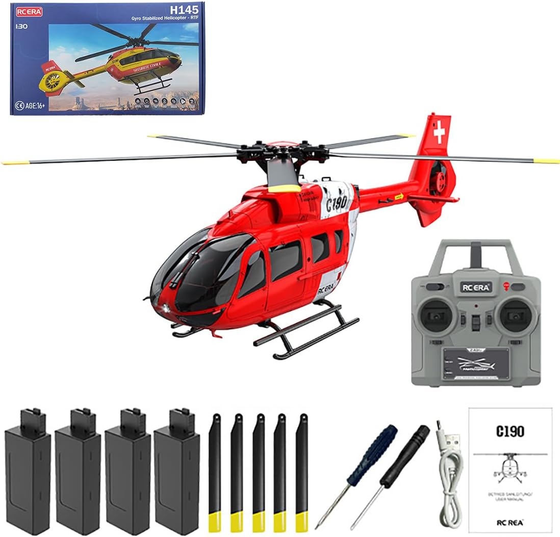 H145 C190 1/30 Scale Remote Control Helicopter for Adults Beginners, 6CH 2.4G H145 6-Axis Gyro 6G RC Helicopter single Rotor No Ailerons Altitude Hover/Optical Flow Positioning - Red White/4 Battery