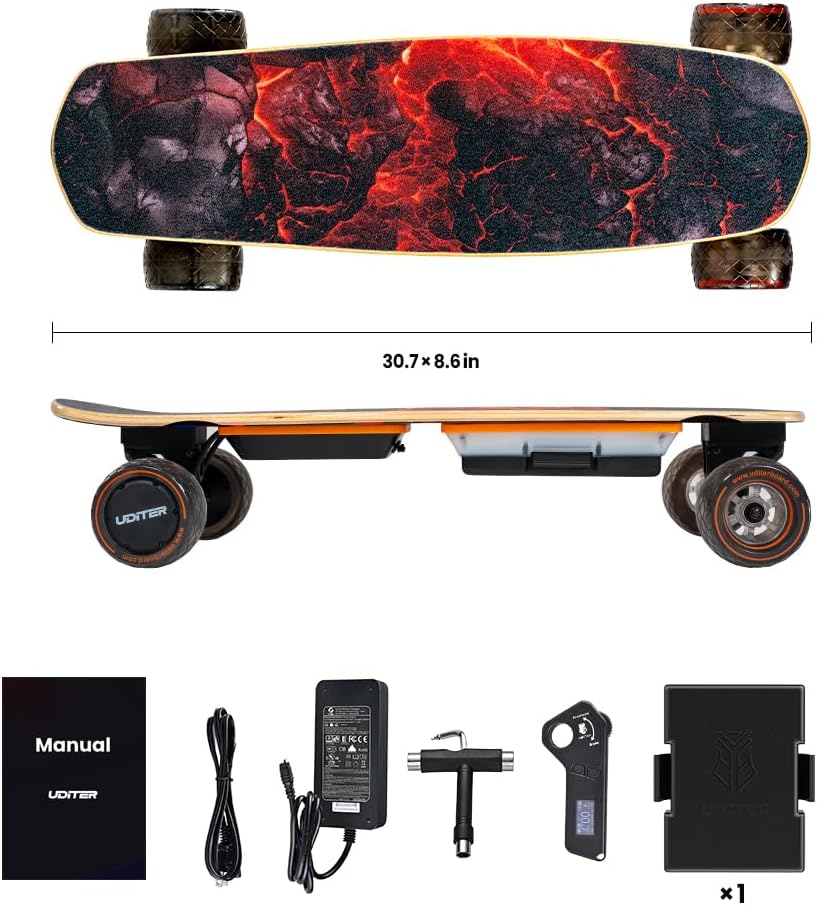 Electric Skateboard with Remote, Max 600W×2 Hub-Motors, Swappable Battery, Up to 28 MPH, 12–25 Miles Range, 4 Speed Modes, Electric Longboard for Adults & Beginners (Flamo / S3 / Pixel Series)