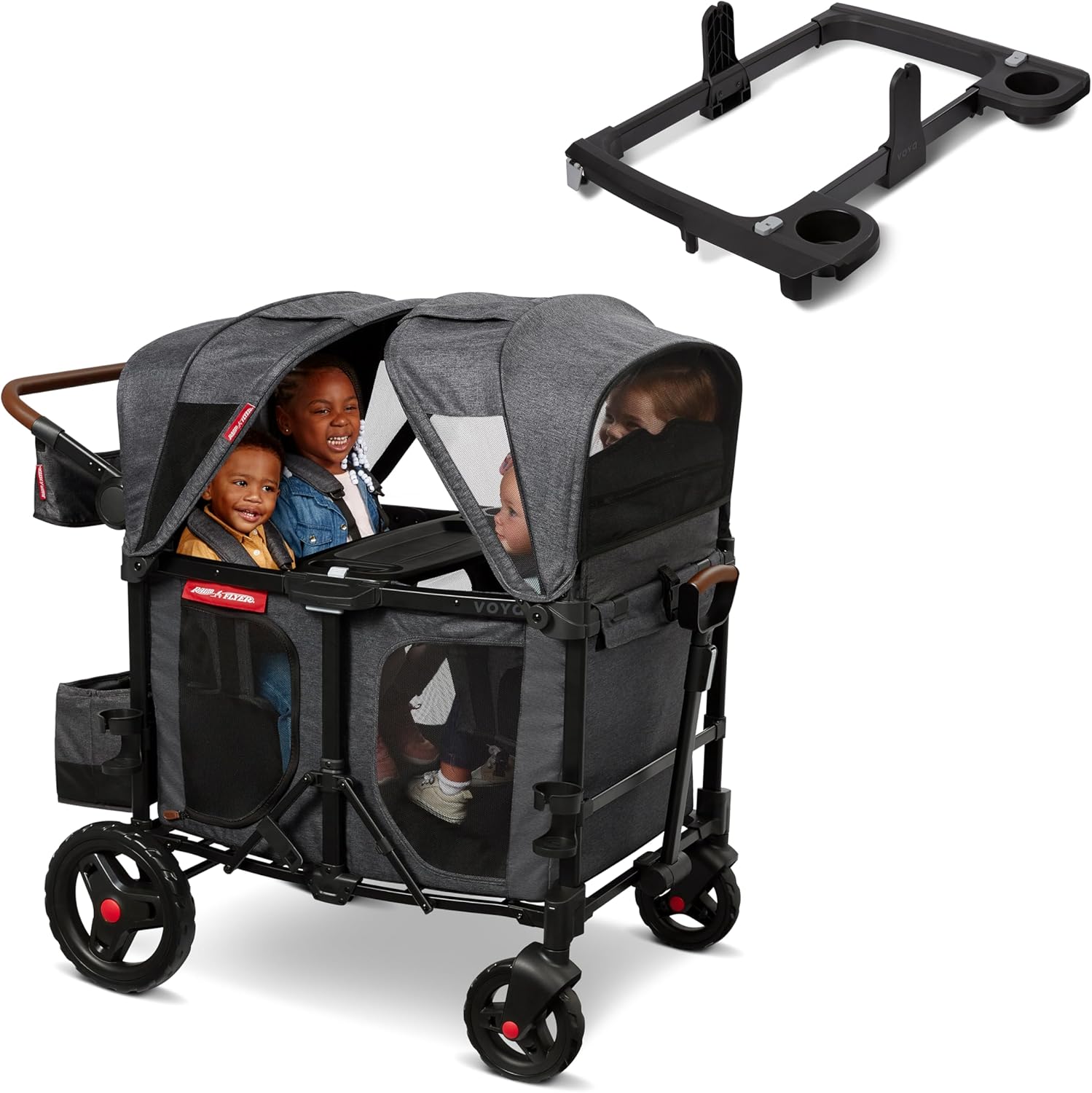 Radio Flyer Voya XT Quad Stroller Wagon and Graco Car Seat Adapter Bundle, 4-Seater Collapsible Wagon with Tall Sides and Adjustable Canopies, Gray