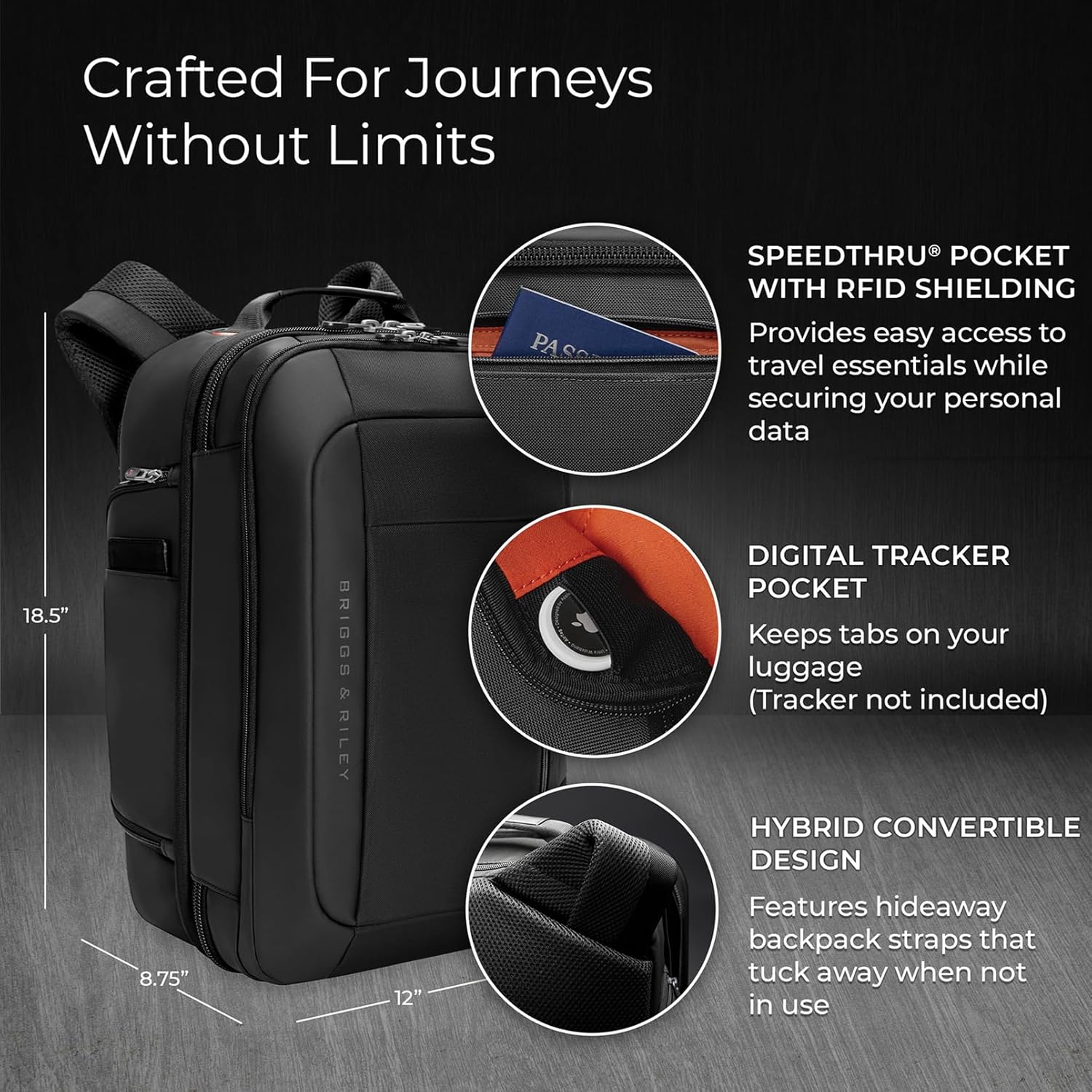 Briggs & Riley Medium Convertible Backpack Duffle Bag - Carry On for Men & Women, Use for Travel, Gym, or Work, Overnight Weekend Luggage, Shoulder Strap, Laptop Compartment - ZDX Collection, Black