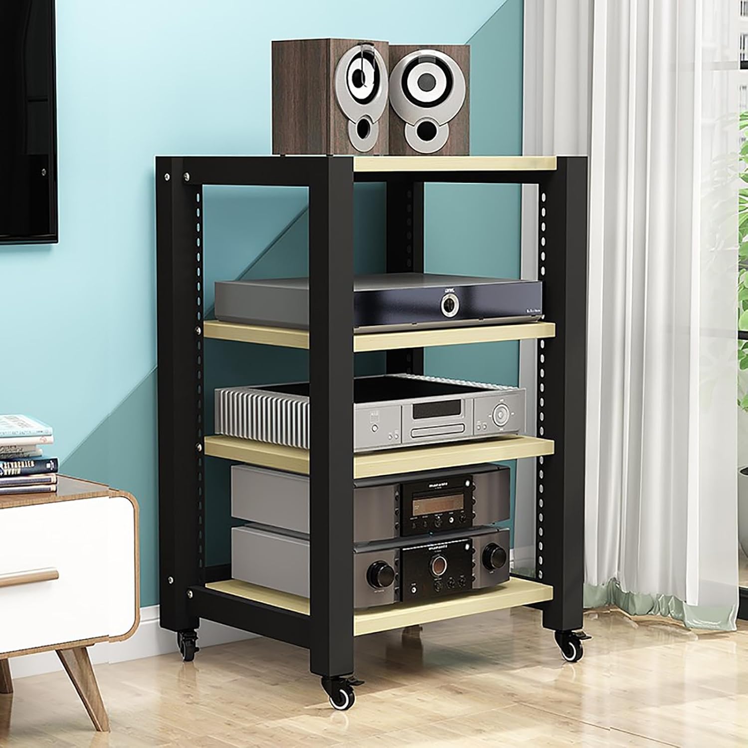 Gaming Shelf Record Player Stand Stereo Stand Audio Rack CD DVD Display Cabinet AV Media Stand Corner Shelf with Wooden Shelves for Projector PS5 DVD Player Game Console Cable Box.(Yellow