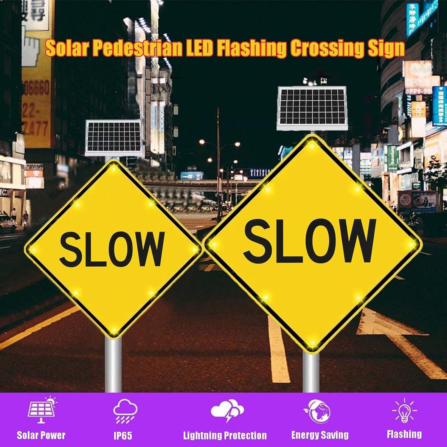 Solar Powered Reflective Slow Warning Sign LED Flashing Speed Reduce Warning Sign, 24 Inch Street Safety Slow Sign for Communities, Driveways, Residential Areas, Streets/Roads