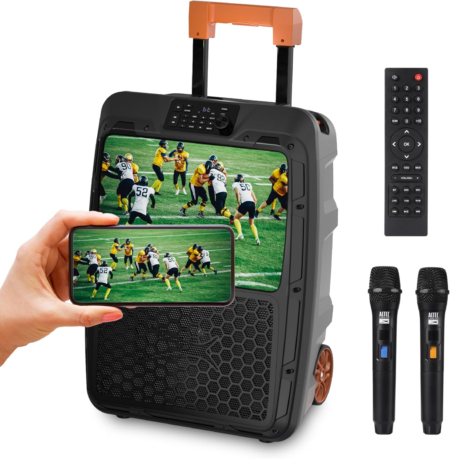 Altec Lansing SoundRover View Portable Bluetooth Speaker with 14” 1080P Display, 150W Peak Power, 18-Hour Battery LiFePO, IPX4 Water Resistance & Built-in Trolley Handle, Outdoor Entertainment System