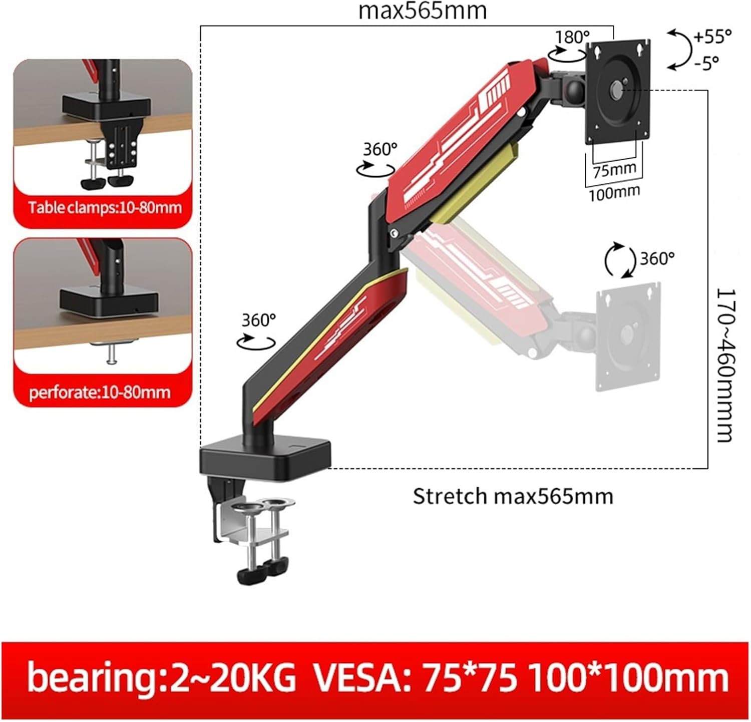 G9 Gas Spring 13-49 Inch Monitor Arm Support Computer Monitor Tilt and Swivel Stand, Loading 20kg E9(E9B)