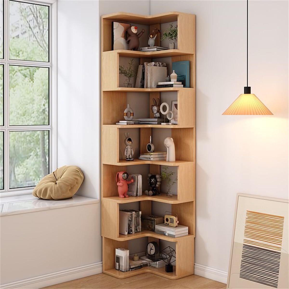 KWOKING L-Shape Bedroom Corner Cube Storage Cabinet Book Shelf Floor Bookshelf Solid Wood Storage Shelves Triangle Corner Bookcase Natural 22