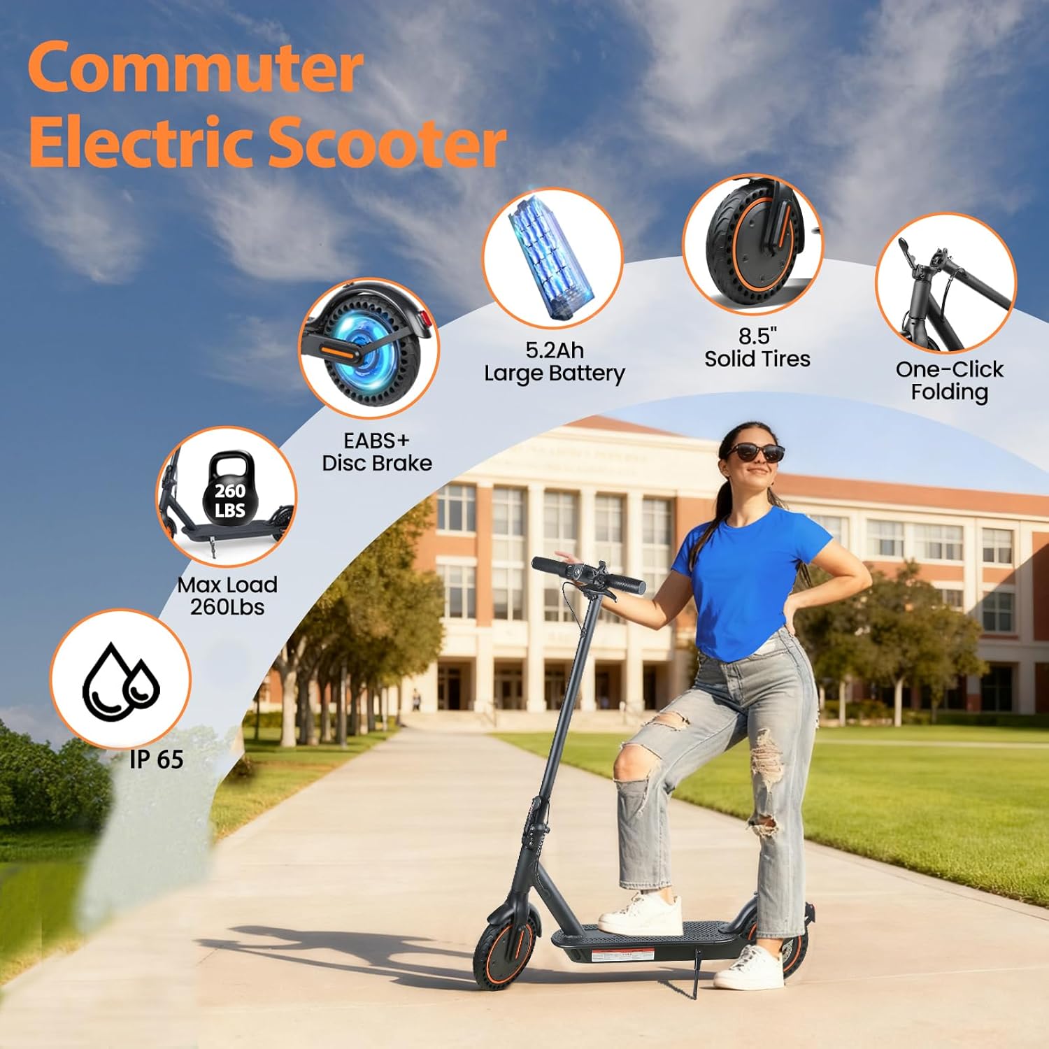 Fast Electric Scooters,Portable Folding Commuter E Scooter,19Mph Speed & 21 Miles Long Range E Scooter w/Double Braking System & App Control, 500W Motor, 8.5