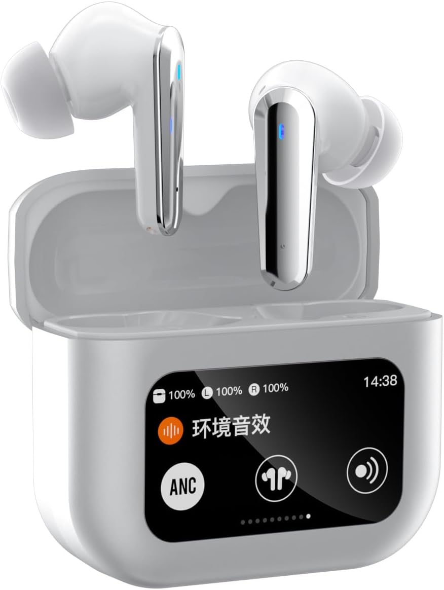 Wireless Earbuds Bluetooth Headphones 5.4,8H Monaural Playtime Stereo IPX5 Waterproof Ear Buds,Top notch ANC actively reduces noise,LCD Full-Color Touch Screen for Smart Phone Laptop Computer,White