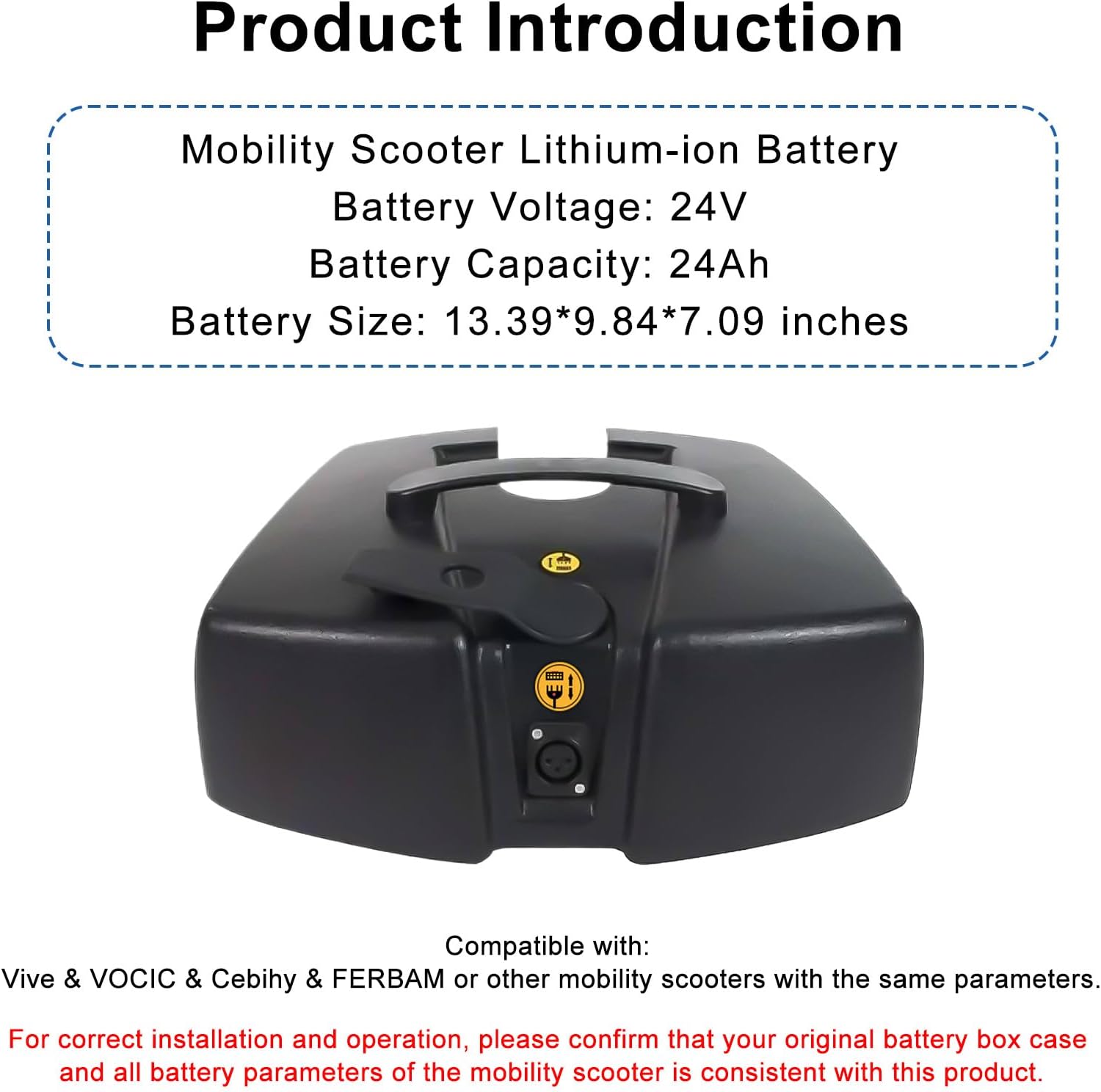 24V 24Ah Mobility Scooter Lithium Battery Replacement for Vive 3 or 4 Wheel Compatible with VOCIC Folding Wheelchair with Seat, with High Performance Including Charger, 13.39 * 9.84 * 7.09