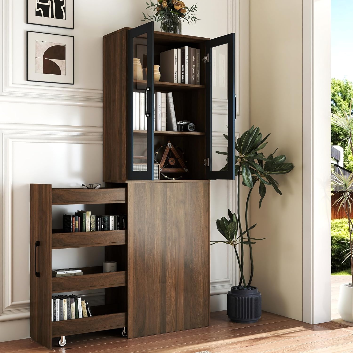 Bookcase Curio Cabinet with Glass Door, Display Cabinet with Pull Out Shelves, Office Glass Cabinet Large Bookshelf for Study Room Living Room, Walnut
