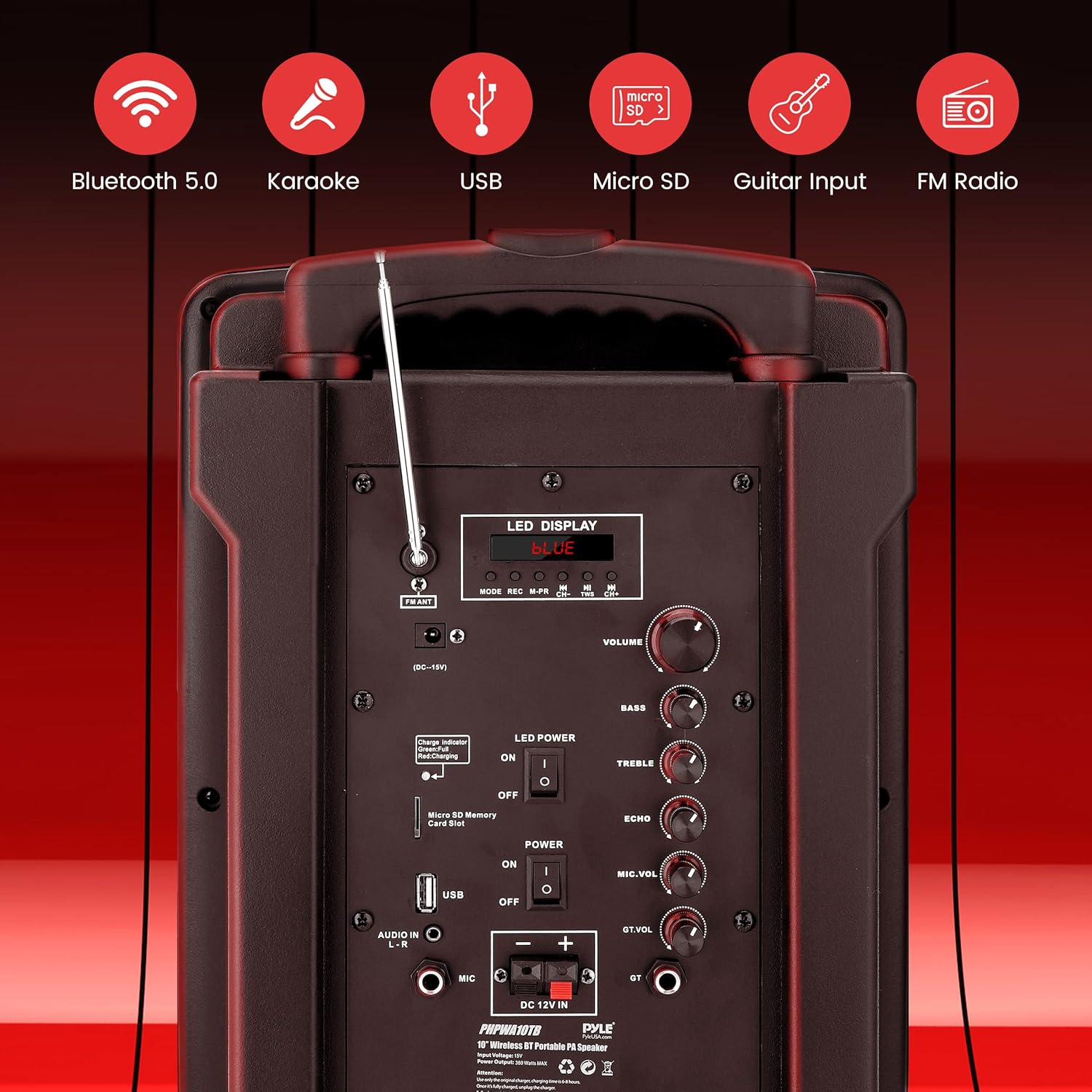 Pyle 10’’ Portable PA Speaker System - Wireless BT Streaming PA & Karaoke Party Audio Speaker, Two Wireless Mic, Wired Microphone, Tablet Stand, Flashing Party Lights, MP3/USB//FM Radio - PHPWA10TB