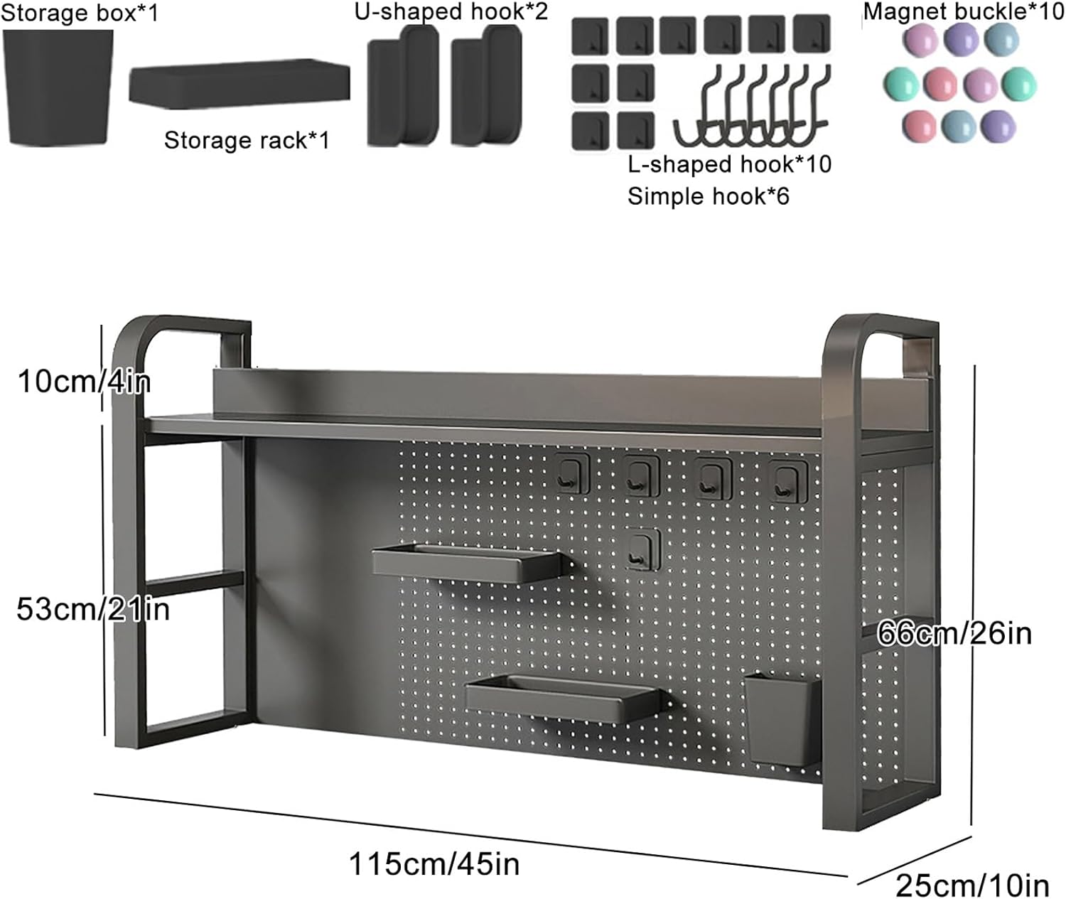 Desk Storage, Sleek Metal Desk Shelf Organizer, Desk Extender Pegboard Workstation, Computer Desk Accessories for Office, for Office, Home Decor, Kitchen(Black,66x25x115cm/26x10x45in)