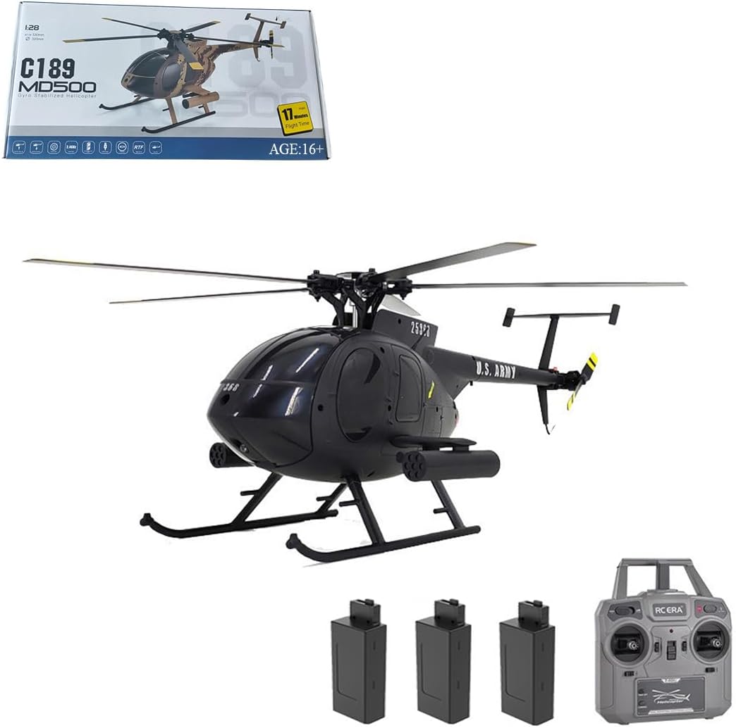 C189 MD500 Remote Control Helicopter for Adults, 1/28 Scale 4CH Single-Rotor Helicopter with 6-Axis Gyro and Brushless Motor, 2.4GHz RC Aircraft RTF with Optical Flow Localization (3 Batteries)