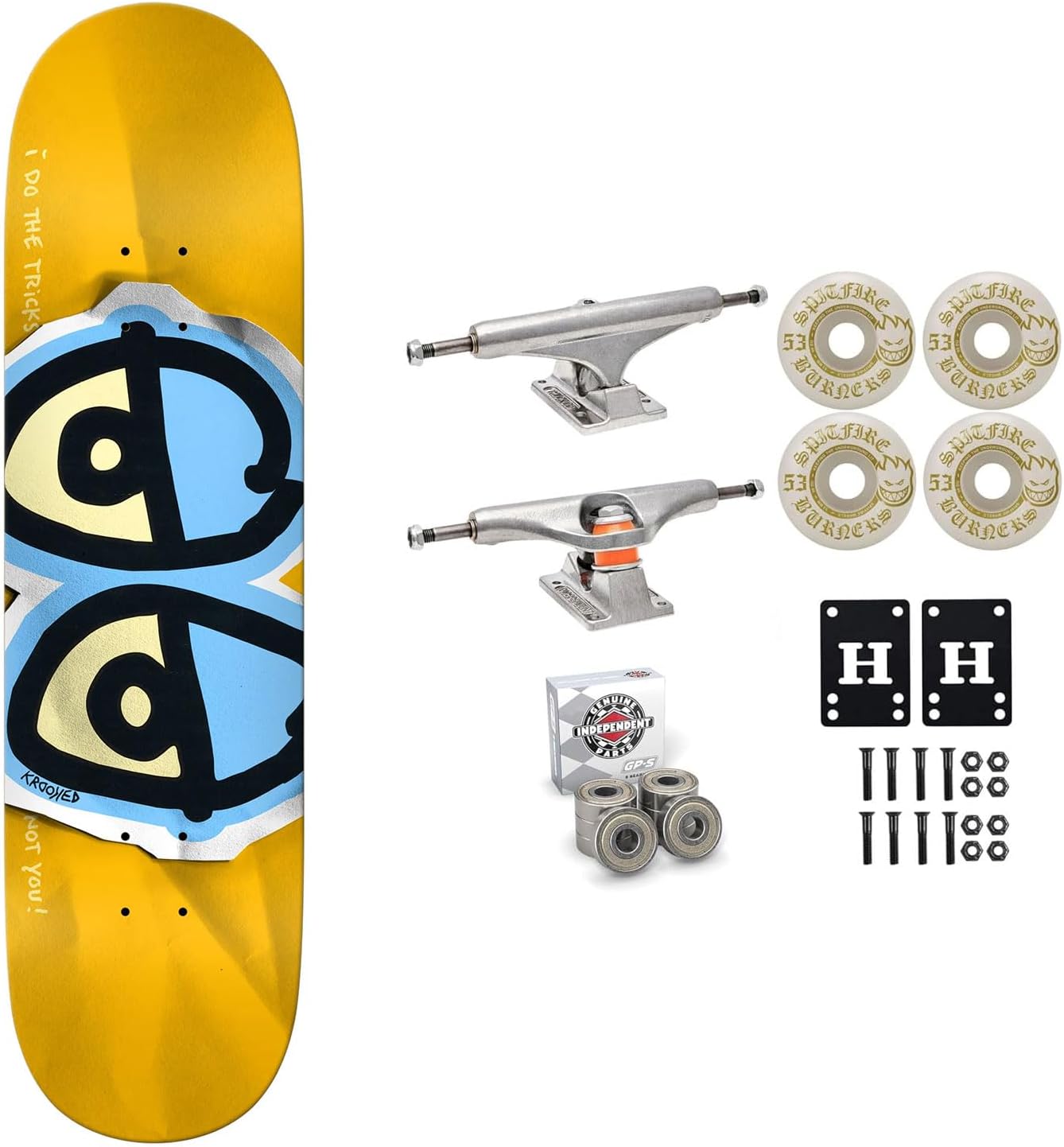 Krooked Professional Skateboard Complete with Independent Trucks, Spitfire Wheels, Independent Bearings, Mounting Hardware, and Risers - Premium Assembly Kit