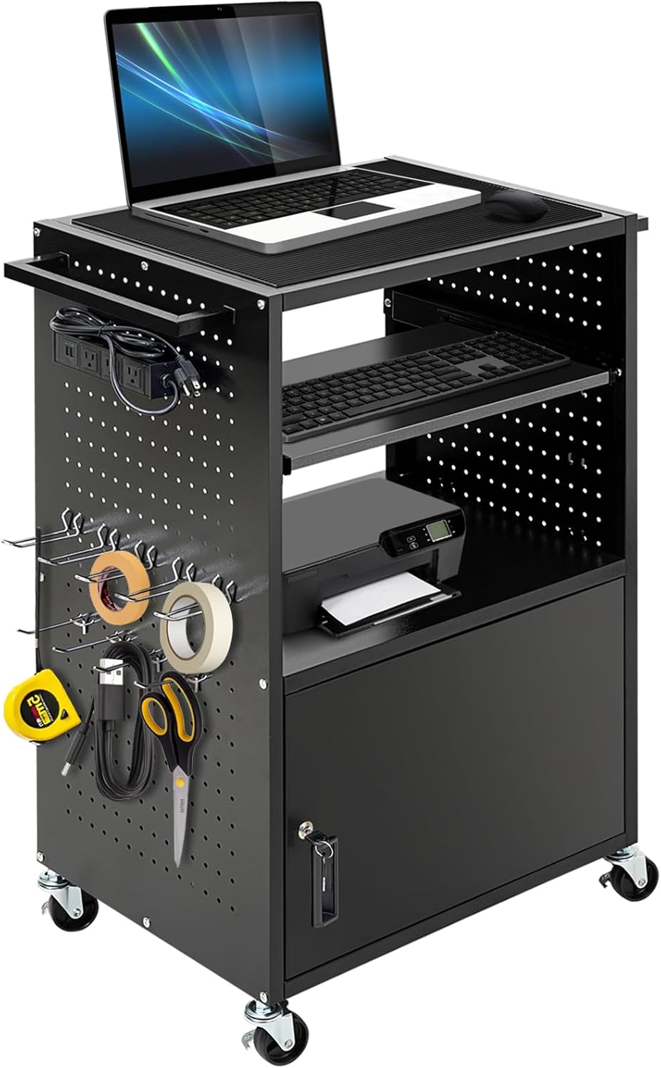 AV Cart, Computer Carts with Wheels and Power, Steel Cart with Locking Cabinet & Pullout Keyboard Tray, Projector Media Carts with Side Pegboard & 12 Hooks for School Office, Black