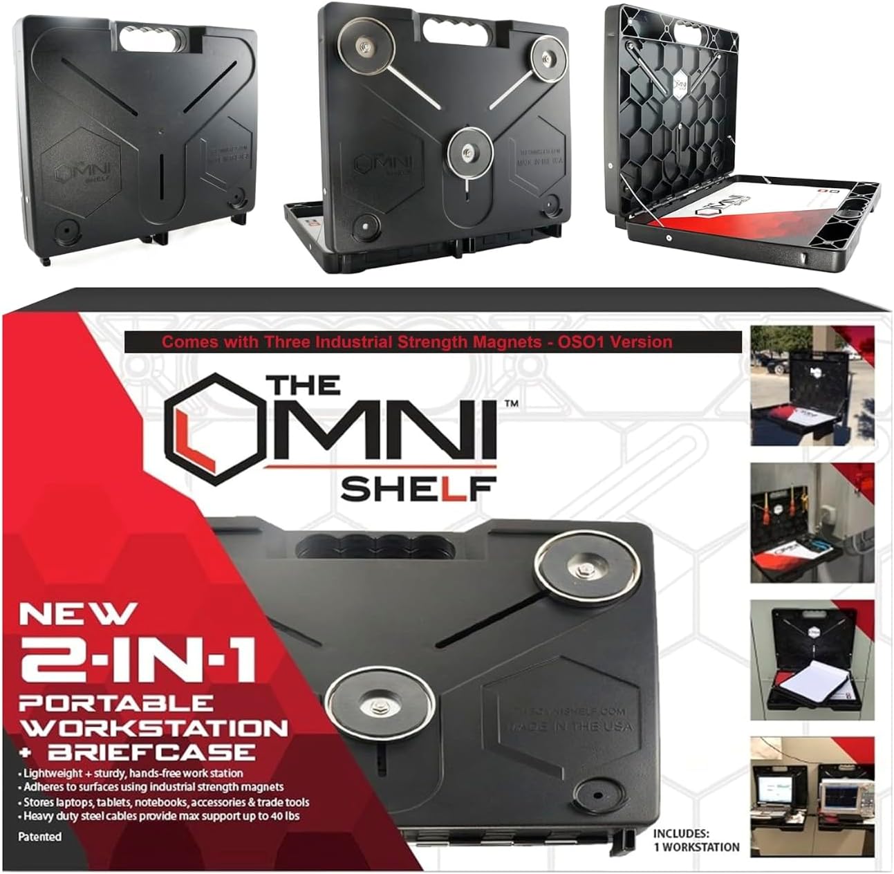 The OmniShelf Magnetic Portable Workstation + Toolbox, Computer & Laptop Stand, Multimeter Case, Utility Shelf w/ 40 lb Capacity, Hands Free Workstation Attaches to HVAC, Trucks & More (3 Count)