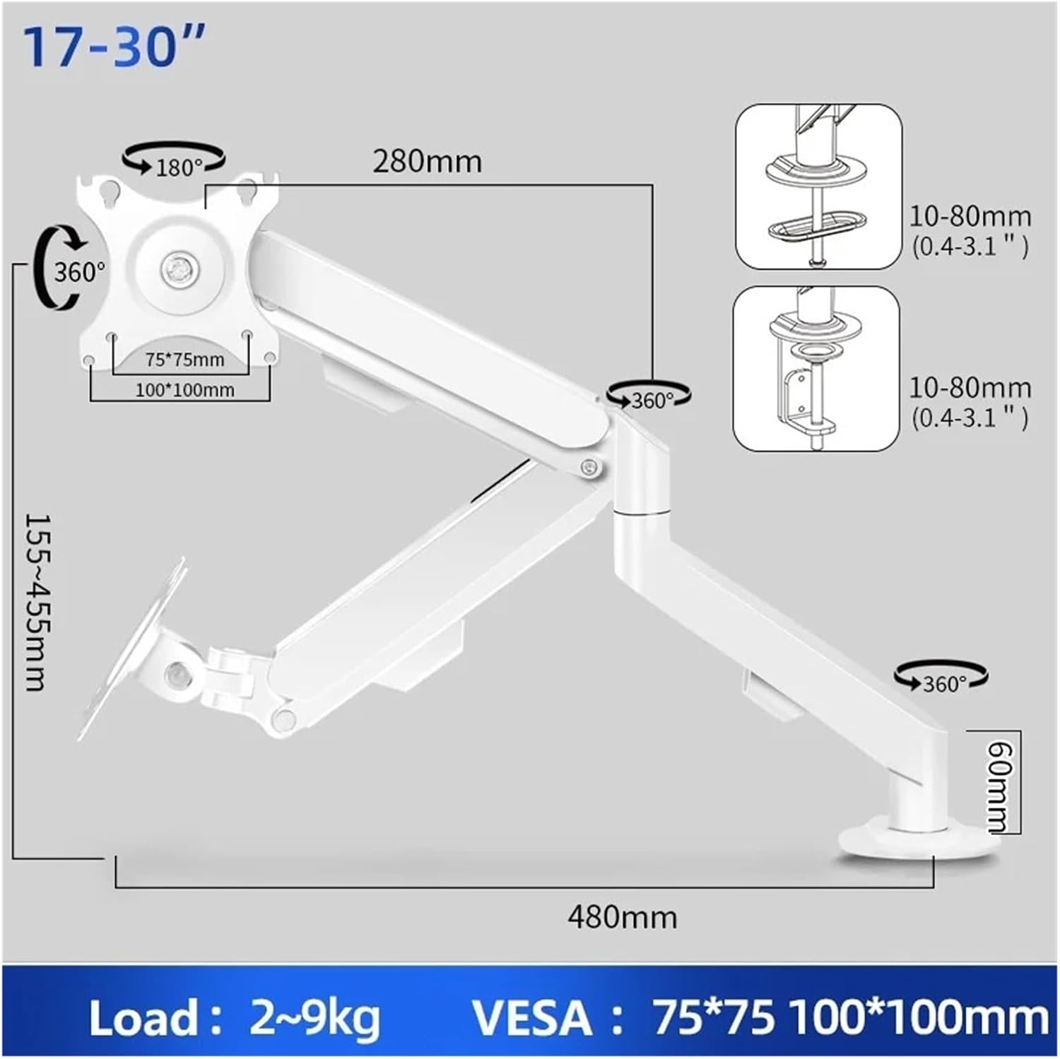 17-34 inch Desktop Gas Spring LCD LED Monitor Stand Articulated Arm Full Motion Support Pole TV Stand PC Mount Base Support VESA M5(M5 White)