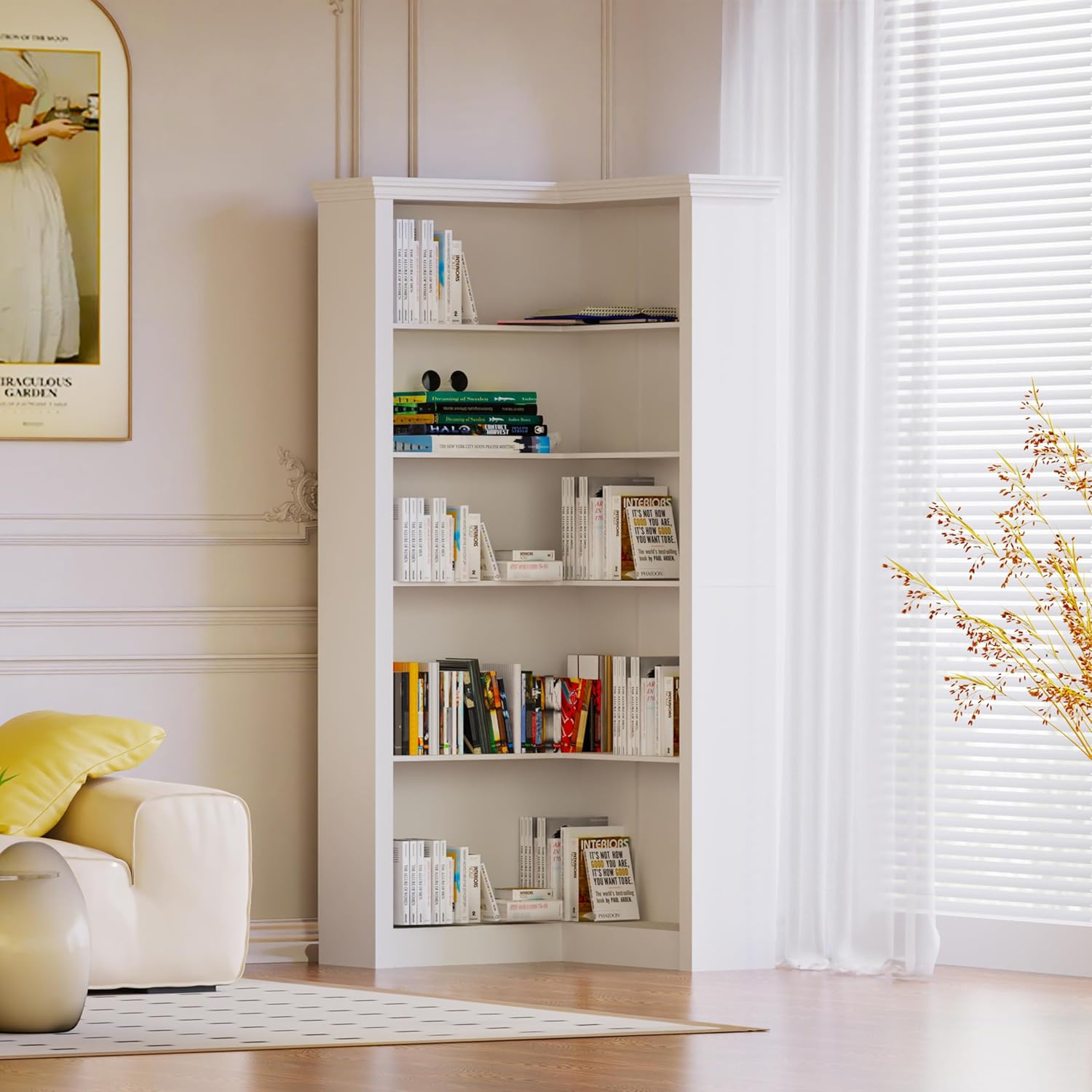 L Shape Corner Bookshelf 5-Tier Open Bookshelf w/Good Texture for Office&Study Room,Sturdy and Durable Storage Shelf Display Bookcase for Reading, Wood Essential Storage Rack for Bedroom, Living Room