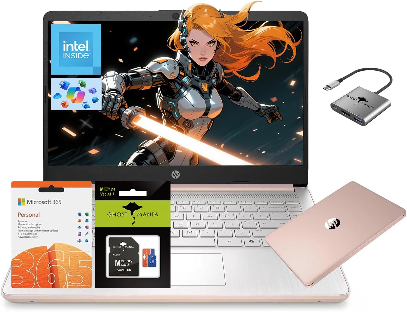 HP 14 Laptop, Quad-Core (Beat i3) 4GB RAM 256GB Storage(128GB UFS + 128GB SD Card) 1-Year Office 365 Copilot AI Computer for Student Study Back to School Win11 w/GM Accessory