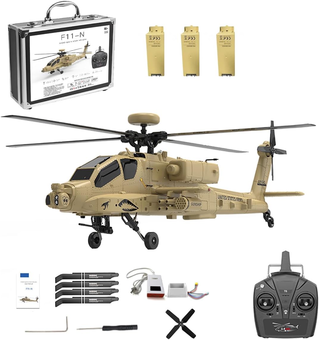 F11-N AH64 Remote Control Helicopter, 1/32 Scale 2.4G 6CH Coaxial Dual Rotor 6G/3D RC Helicopter Model with Optical Flow Altitude Hold, Three Batteries, Desert Yellow (RTF Version)
