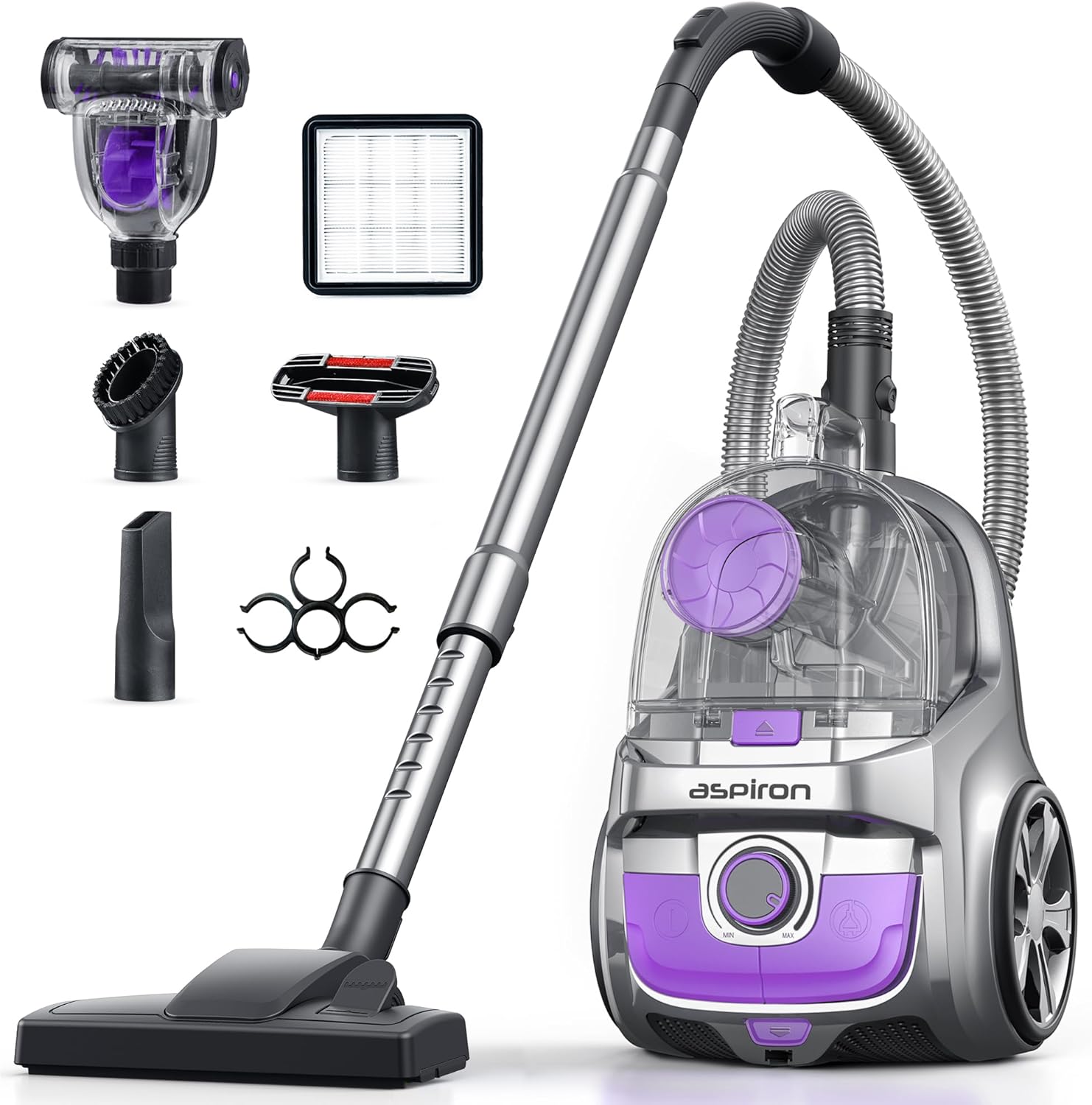 Aspiron Canister Vacuum Cleaner, 40Kpa Bagless Vacuum Cleaners, 4QT Large Dust Cup, Double HEPA Filter, Retractable Cord, 1600W Lightweight Vacuum Cleaner with 5 Tools for Hard Floors, Lavender