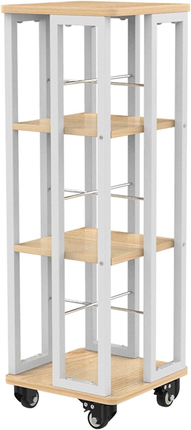 ZLGONRL Moveable Bookshelf On Wheels Kids Bookshelf Metal Rotating Bookshelf Display Revolving Bookcase Vertical Bookshelf (Three White)