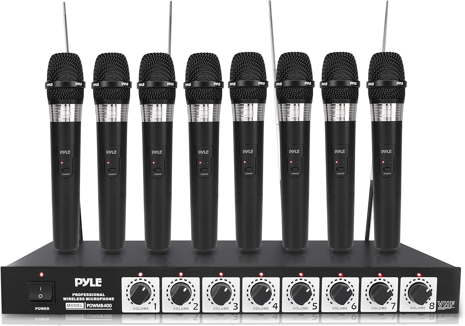 Pyle VHF Wireless System-Rack Mountable 8 Channel Cordless Set w/ 8 Handheld Microphones, Mixed 1/4