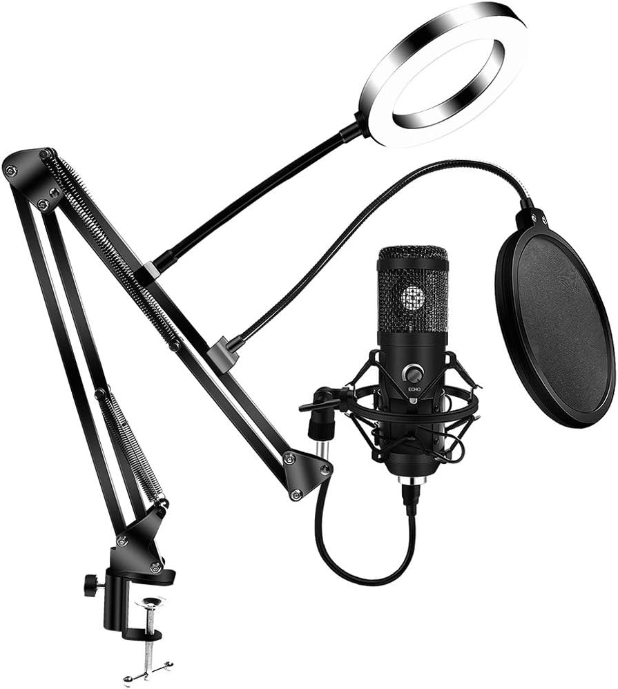 USB E20 Condenser Computer Microphone with Light Studio Kit with Arm Stand for Gaming Video Record