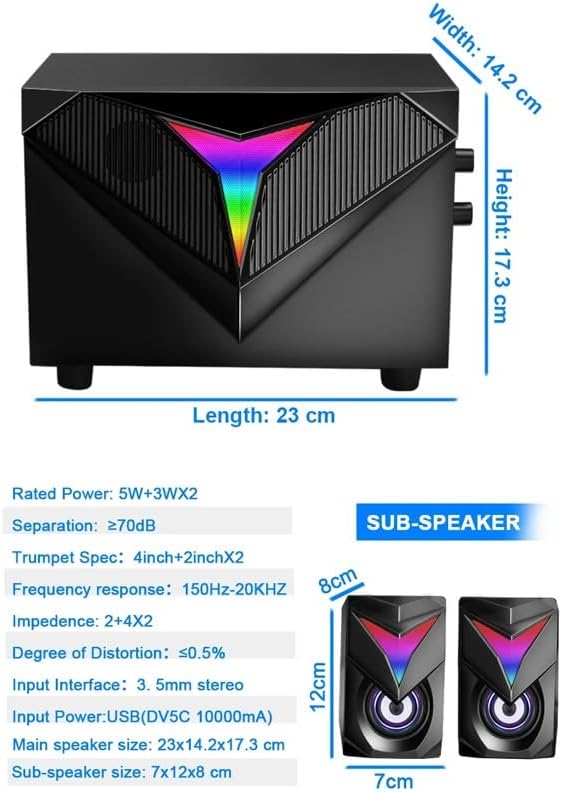 Gaming Speakers Aux 3.5mm Stereo Surround Music RGB 2.1 Heavy Bass Sound Bar for Computer PC Loudspeakers