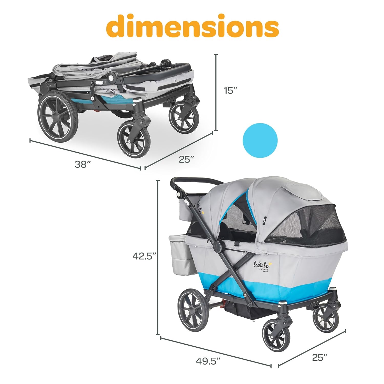 Larktale Compact Stroller Wagon with Reclining Seats for 2 Kids, Caravan Coupe V2, Gray/Blue