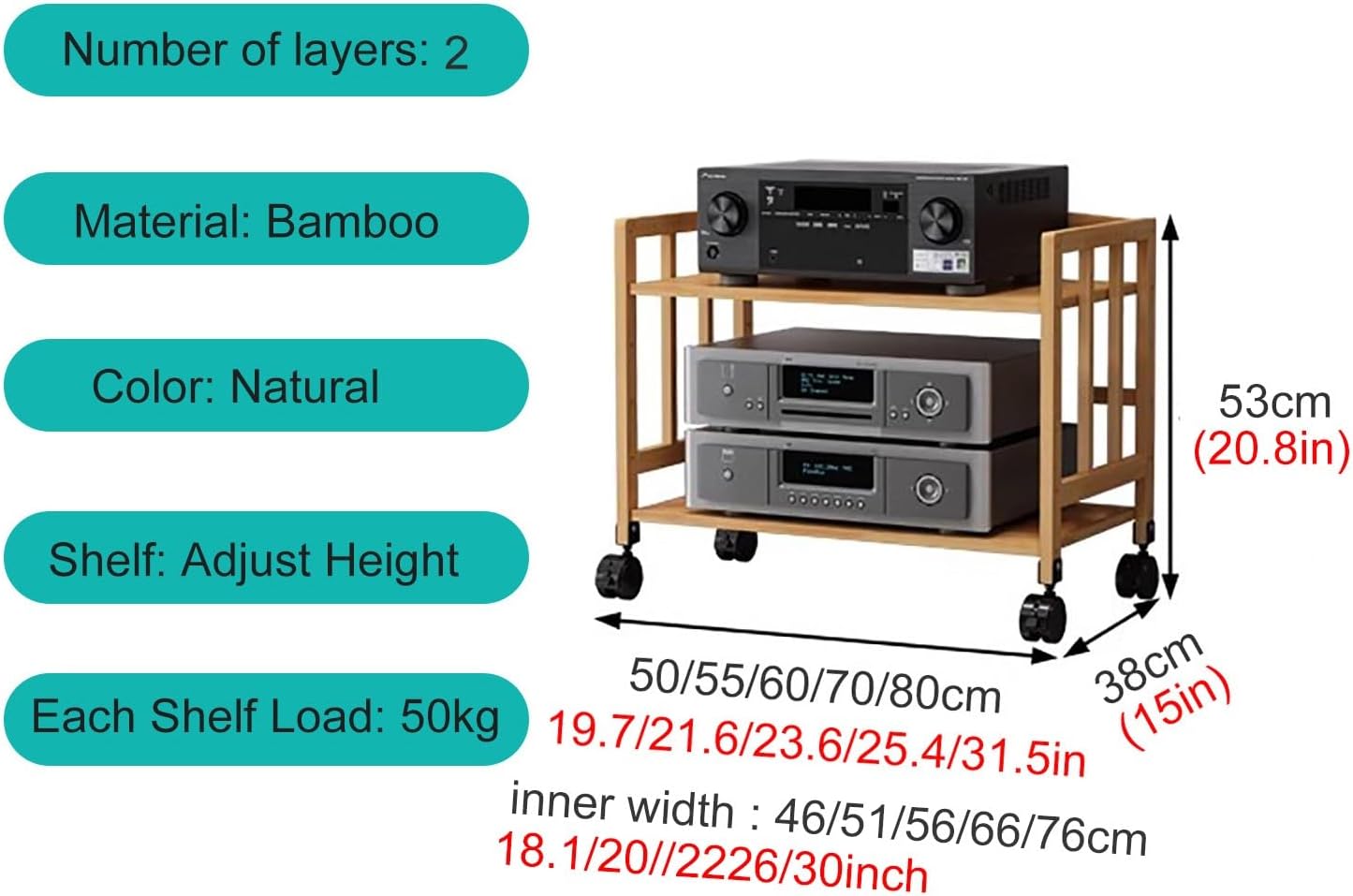 USZWBY 2 3 4 5 Tier Stereo Rack System Cabinet with Height-Adjustable Shelf & Wheels