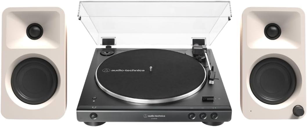 Kanto ORAME 100W Powered Reference Desktop Computer Speakers (Cream) with 60XBT-BK Fully Automatic Belt-Drive Stereo Turntable - Bundle