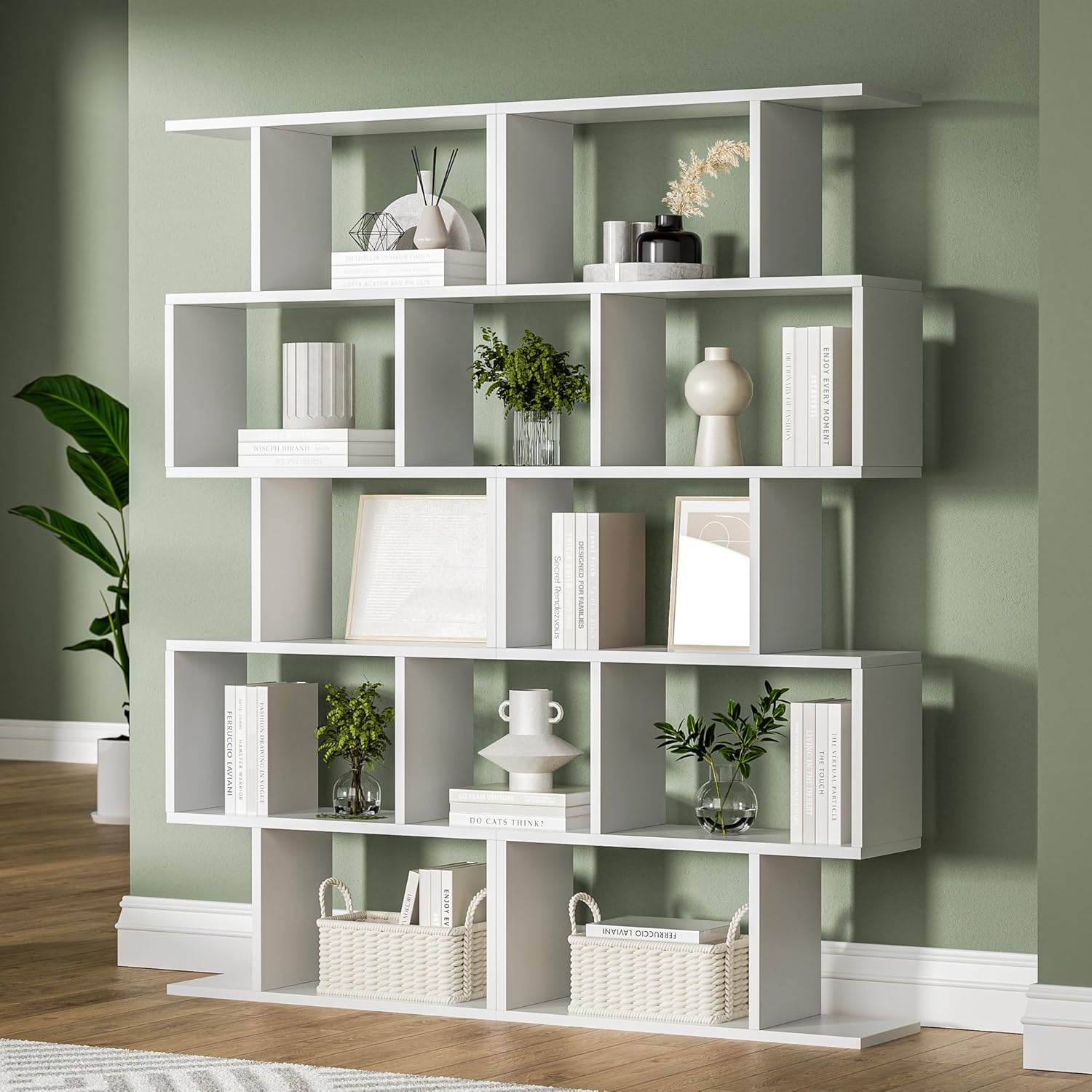 DIYART White 5-Tier Geometric Bookcase, S-Shaped Modern Bookshelf Set of 2, 62.6