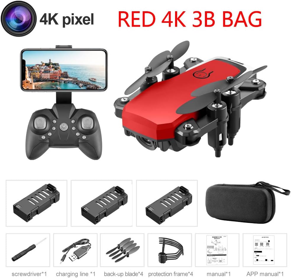 Ultralight and Foldable Drone Quadcopter Quadcopter Mini Drone with 4K Camera HD Foldable Drones One-Key Return FPV Follow Me RC Helicopter (Color : Red 4K 2B Size : 1) (Red 4k 3b 1)
