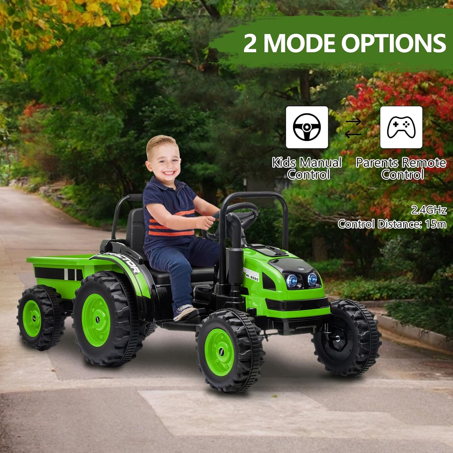 Kids Electric Ride on Tractor with RC Dump Trailer, 35w Dual Motors, Parent Remote Control, Safety Belt & LED Lights, Toddler Ride on Toys for Boys & Girls Ages 37+ Months,Green