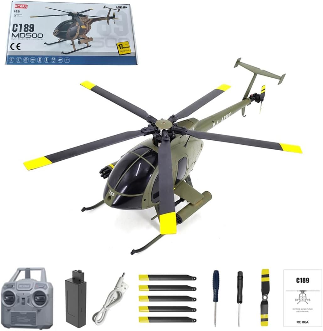 Kooteyybhyy MD500 C189 Remote Control Helicopter, 2.4G 4CH Single Rotor Little Bird RC Helicopter for Adult with Missile Pylons, Army Collector Model for Military Fans - RTF