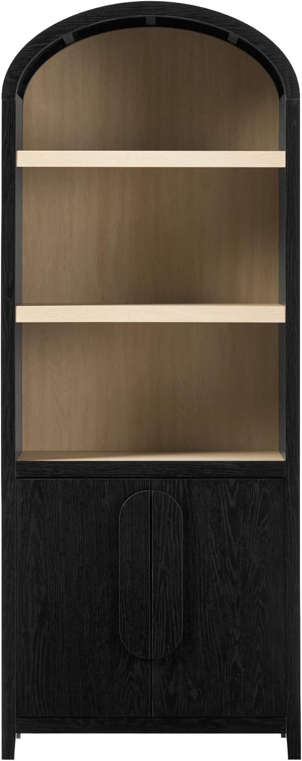 Walker Edison Chantelle Modern Arched Bookcase with Statement Wood Cabinet Pulls - Black