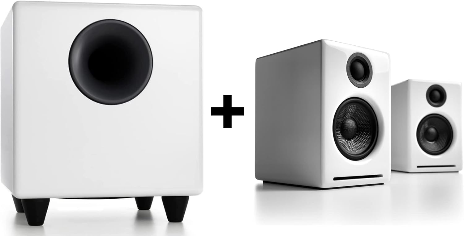 Audioengine A2 White Wireless Computer Speakers for Desktop Pc and S8 White Subwoofer
