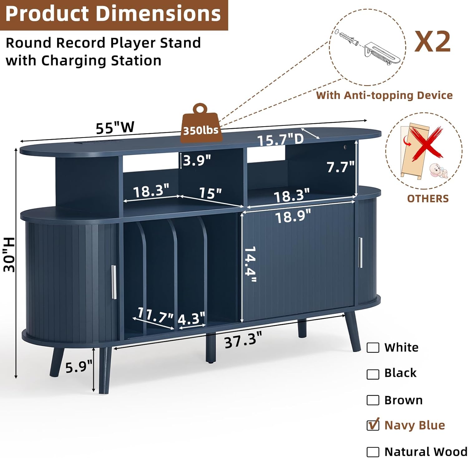 LELELINKY Extra Large Round Record Player Stand with Charging Station & Fluted Panel
