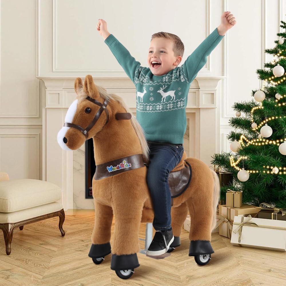 WondeRides Ride on Horse Pony Brown Riding Horse Size 3 for Kids Age 3-4, 30.1 Inch Height Riding Pony Ride Plush Giddy up Rocking Mechanical Walking Animal Horse for Boys and Girls M345