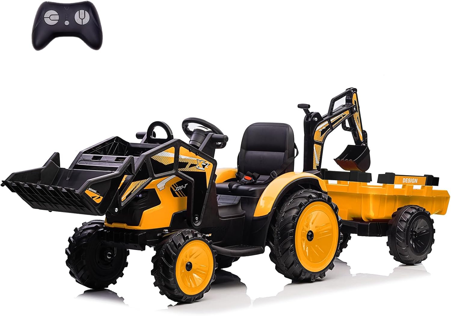 3 in 1 Ride on Tractor, 24V Ride on Excavator with Remote Control, Kids Electric Vehicles w/Trailer, Shovel Bucket, Digger, EVA Tires, LED Lights, Ride on Car for Kids Toddlers, Yellow
