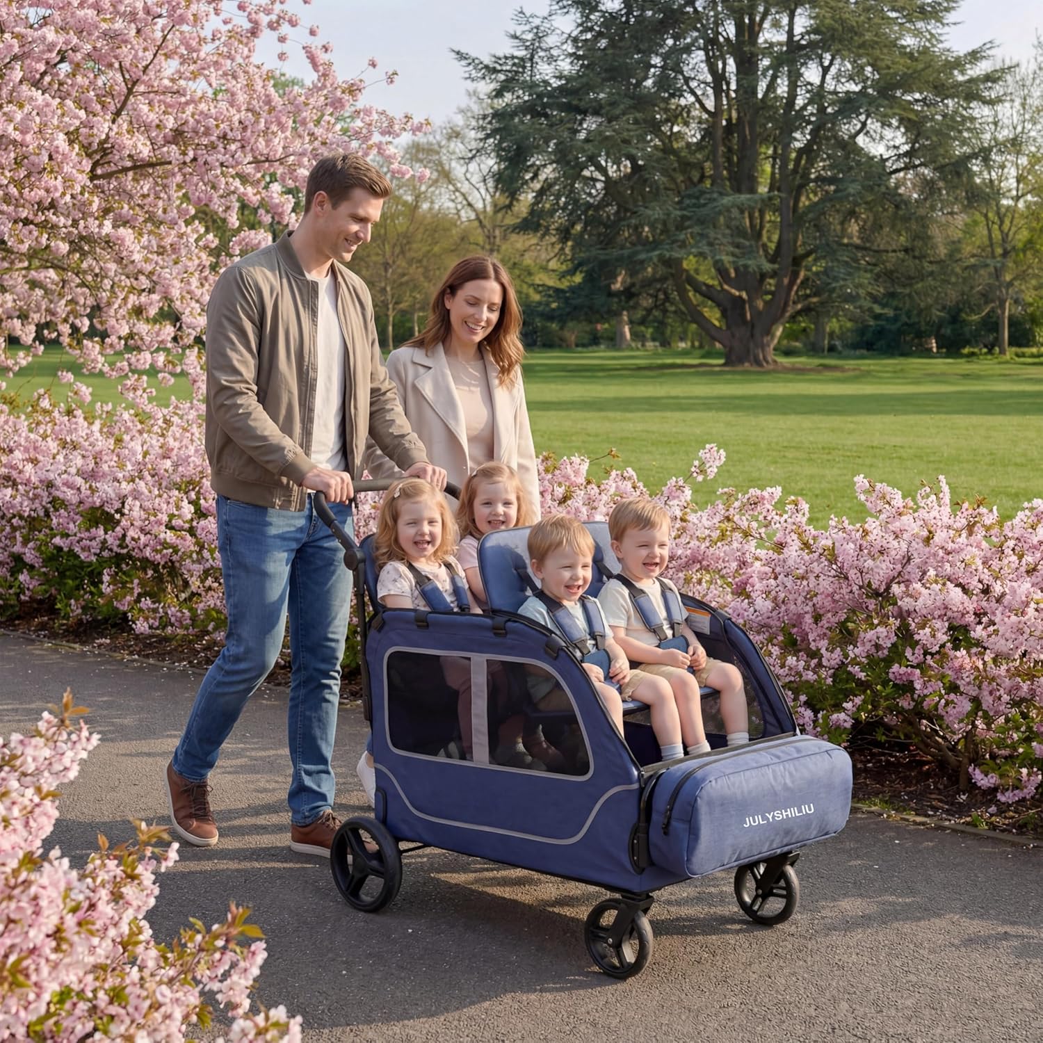 Car-Shaped Large 4 Seater Stroller Wagon for 2 3 Kids Toddler Child Foldable All-Terrain Triple Quad Wagon with Removable Canopy, 5-Point Harness, Storage Bag Shopping Outdoor (Deep Blue)